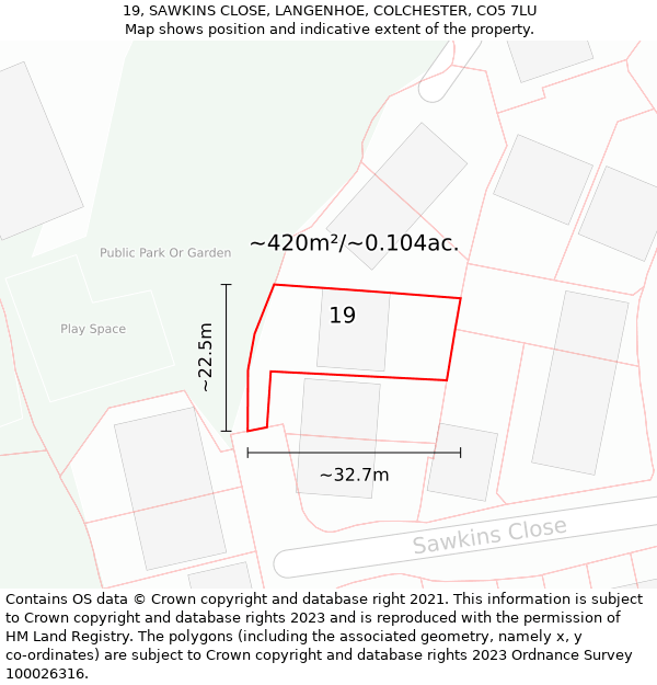 19, SAWKINS CLOSE, LANGENHOE, COLCHESTER, CO5 7LU: Plot and title map