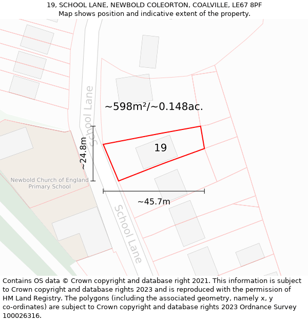 19, SCHOOL LANE, NEWBOLD COLEORTON, COALVILLE, LE67 8PF: Plot and title map