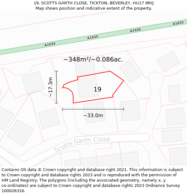 19, SCOTTS GARTH CLOSE, TICKTON, BEVERLEY, HU17 9RQ: Plot and title map