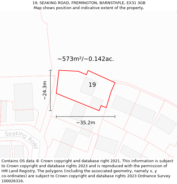 19, SEAKING ROAD, FREMINGTON, BARNSTAPLE, EX31 3GB: Plot and title map