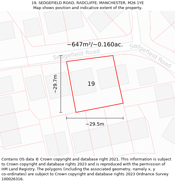 19, SEDGEFIELD ROAD, RADCLIFFE, MANCHESTER, M26 1YE: Plot and title map