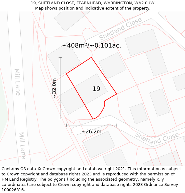 19, SHETLAND CLOSE, FEARNHEAD, WARRINGTON, WA2 0UW: Plot and title map