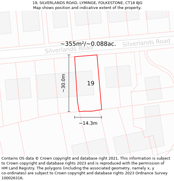 19, SILVERLANDS ROAD, LYMINGE, FOLKESTONE, CT18 8JG: Plot and title map