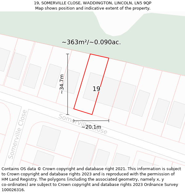 19, SOMERVILLE CLOSE, WADDINGTON, LINCOLN, LN5 9QP: Plot and title map