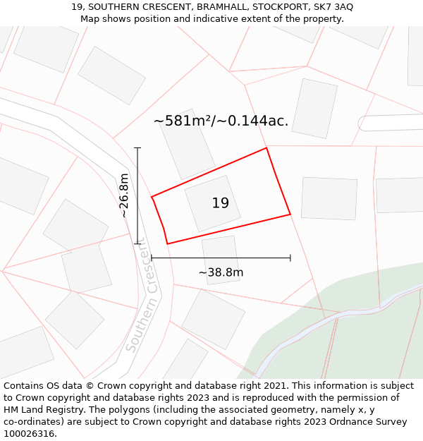 19, SOUTHERN CRESCENT, BRAMHALL, STOCKPORT, SK7 3AQ: Plot and title map