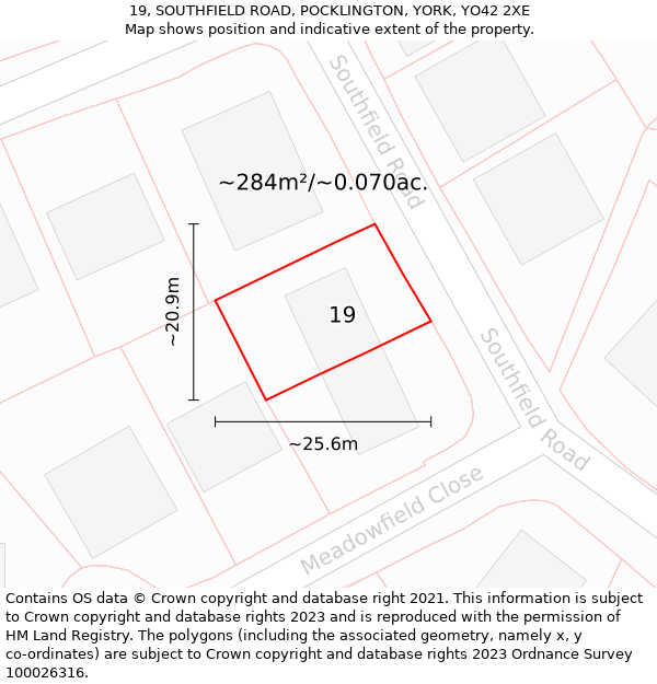 19, SOUTHFIELD ROAD, POCKLINGTON, YORK, YO42 2XE: Plot and title map