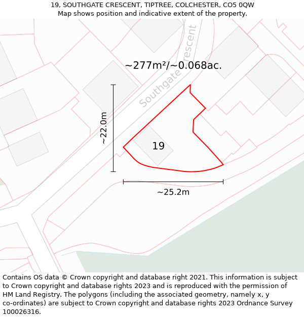 19, SOUTHGATE CRESCENT, TIPTREE, COLCHESTER, CO5 0QW: Plot and title map