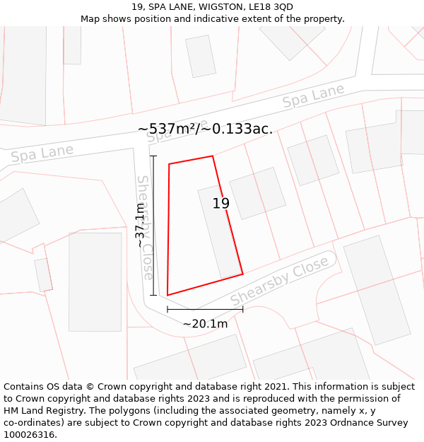 19, SPA LANE, WIGSTON, LE18 3QD: Plot and title map