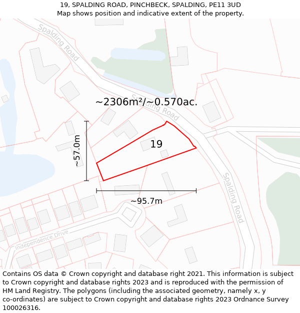 19, SPALDING ROAD, PINCHBECK, SPALDING, PE11 3UD: Plot and title map