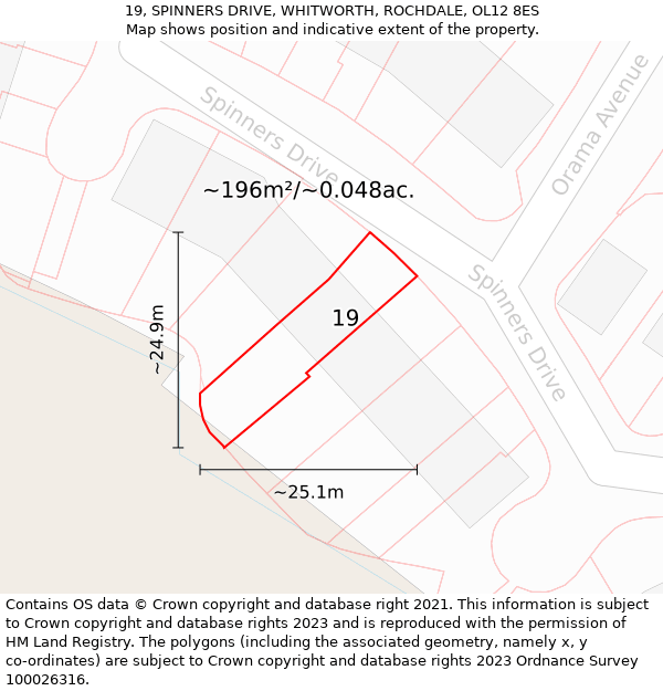 19, SPINNERS DRIVE, WHITWORTH, ROCHDALE, OL12 8ES: Plot and title map