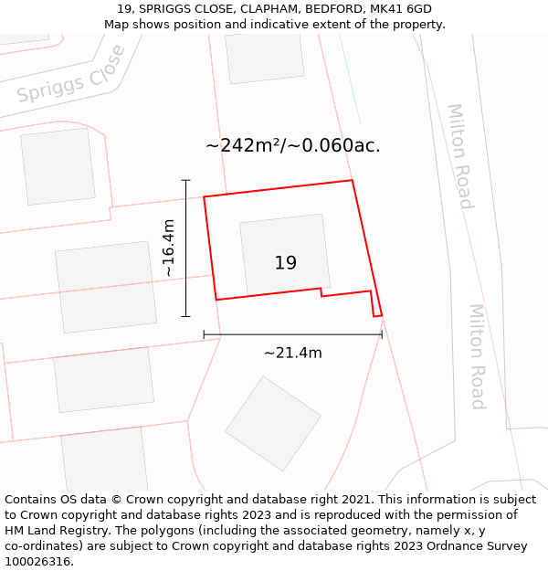 19, SPRIGGS CLOSE, CLAPHAM, BEDFORD, MK41 6GD: Plot and title map