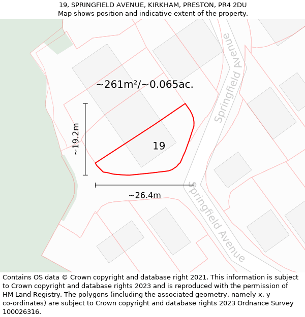 19, SPRINGFIELD AVENUE, KIRKHAM, PRESTON, PR4 2DU: Plot and title map