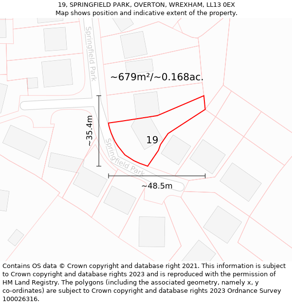 19, SPRINGFIELD PARK, OVERTON, WREXHAM, LL13 0EX: Plot and title map