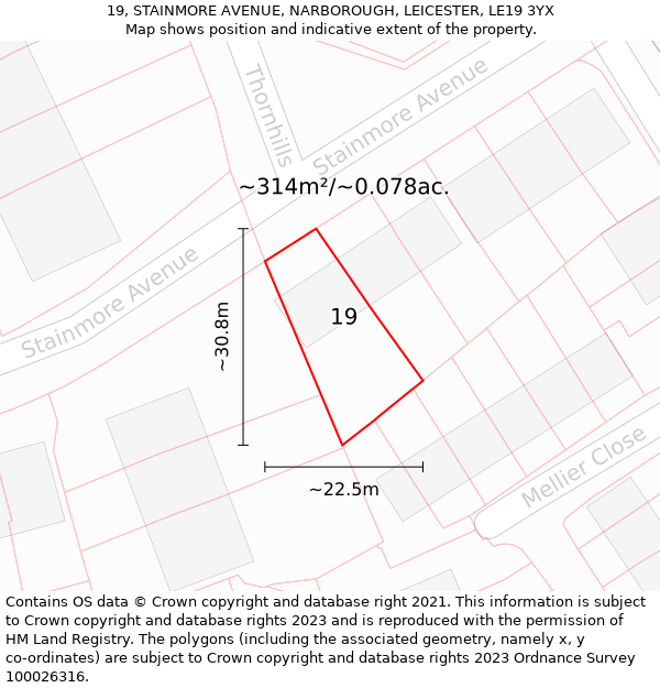 19, STAINMORE AVENUE, NARBOROUGH, LEICESTER, LE19 3YX: Plot and title map