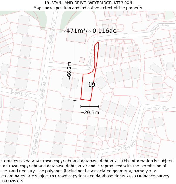 19, STANILAND DRIVE, WEYBRIDGE, KT13 0XN: Plot and title map