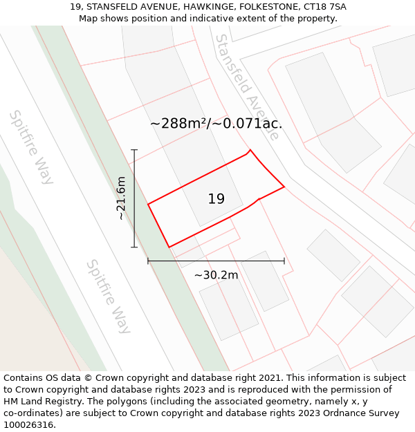 19, STANSFELD AVENUE, HAWKINGE, FOLKESTONE, CT18 7SA: Plot and title map