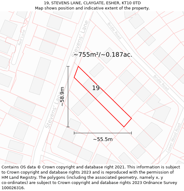 19, STEVENS LANE, CLAYGATE, ESHER, KT10 0TD: Plot and title map