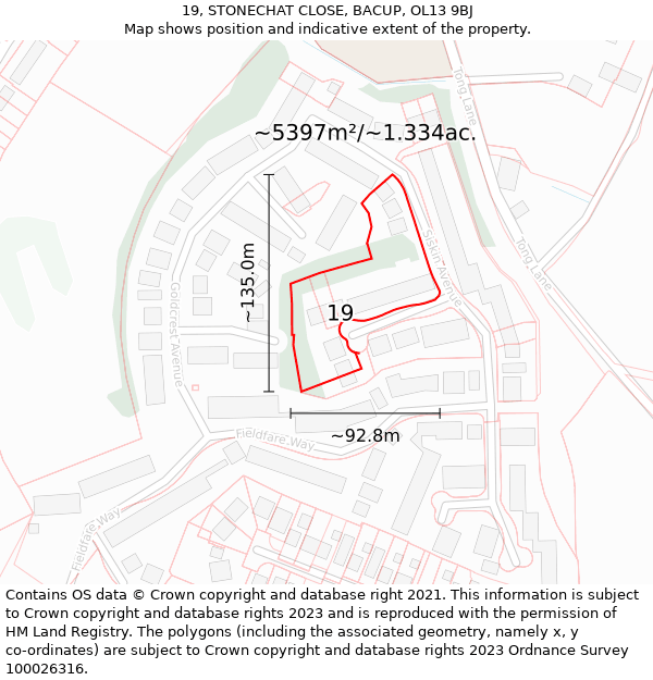 19, STONECHAT CLOSE, BACUP, OL13 9BJ: Plot and title map