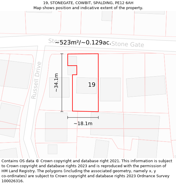 19, STONEGATE, COWBIT, SPALDING, PE12 6AH: Plot and title map