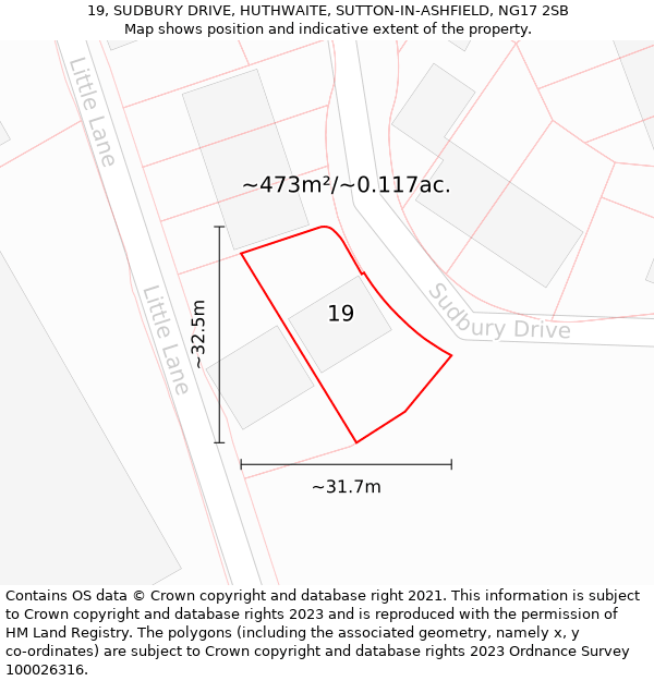 19, SUDBURY DRIVE, HUTHWAITE, SUTTON-IN-ASHFIELD, NG17 2SB: Plot and title map