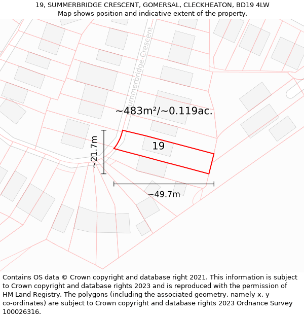 19, SUMMERBRIDGE CRESCENT, GOMERSAL, CLECKHEATON, BD19 4LW: Plot and title map