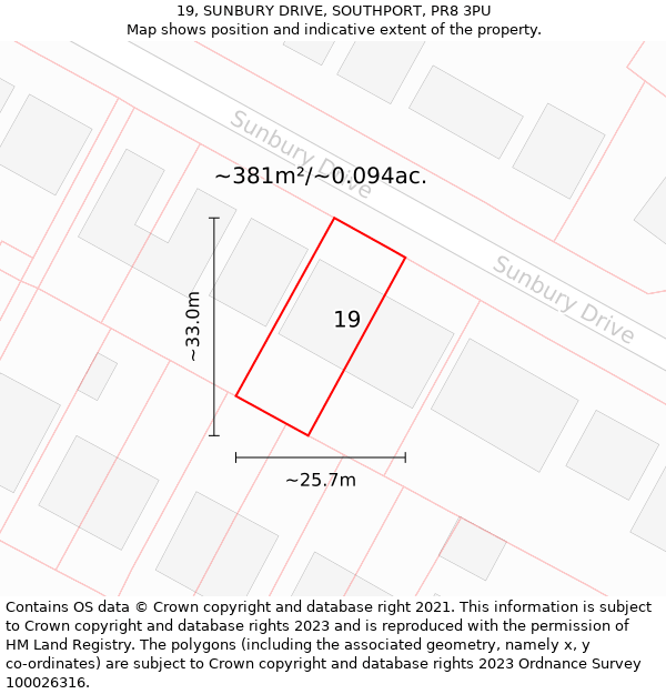 19, SUNBURY DRIVE, SOUTHPORT, PR8 3PU: Plot and title map