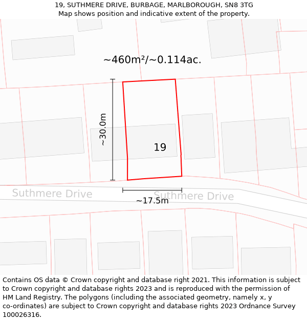 19, SUTHMERE DRIVE, BURBAGE, MARLBOROUGH, SN8 3TG: Plot and title map
