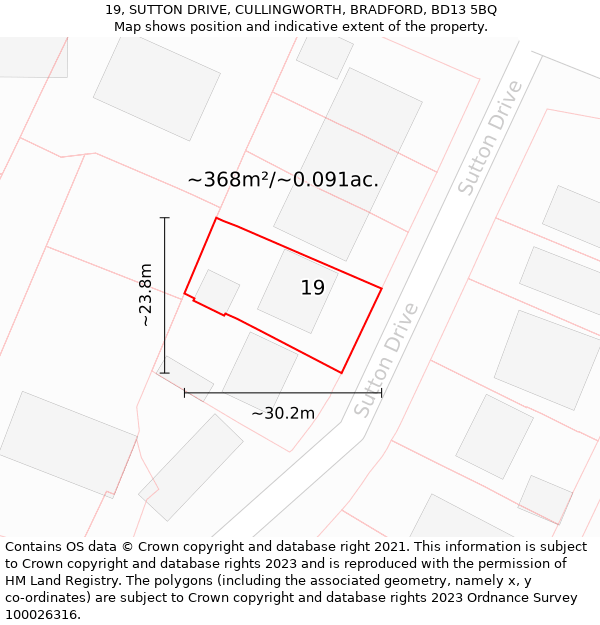 19, SUTTON DRIVE, CULLINGWORTH, BRADFORD, BD13 5BQ: Plot and title map