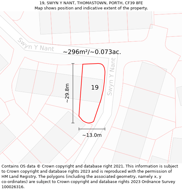 19, SWYN Y NANT, THOMASTOWN, PORTH, CF39 8FE: Plot and title map