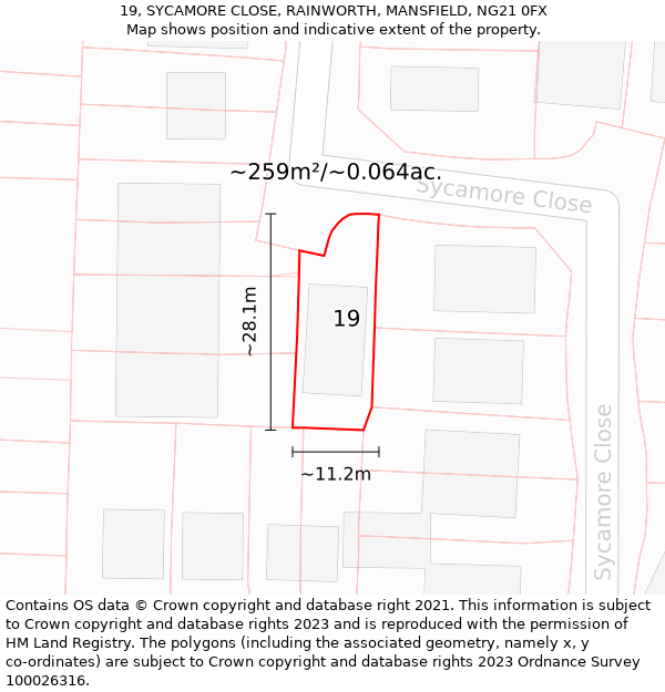 19, SYCAMORE CLOSE, RAINWORTH, MANSFIELD, NG21 0FX: Plot and title map