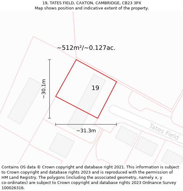 19, TATES FIELD, CAXTON, CAMBRIDGE, CB23 3PX: Plot and title map