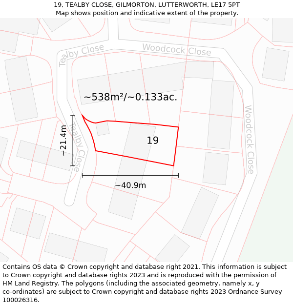 19, TEALBY CLOSE, GILMORTON, LUTTERWORTH, LE17 5PT: Plot and title map