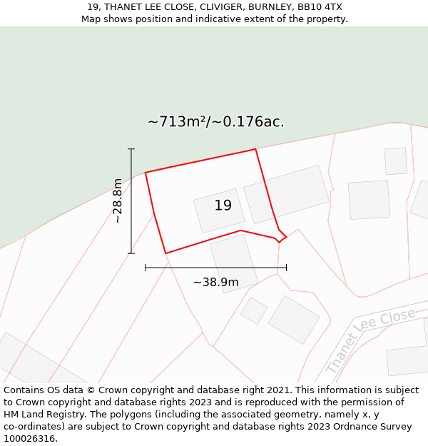 19, THANET LEE CLOSE, CLIVIGER, BURNLEY, BB10 4TX: Plot and title map