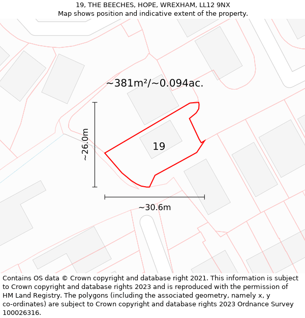 19, THE BEECHES, HOPE, WREXHAM, LL12 9NX: Plot and title map