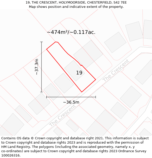 19, THE CRESCENT, HOLYMOORSIDE, CHESTERFIELD, S42 7EE: Plot and title map