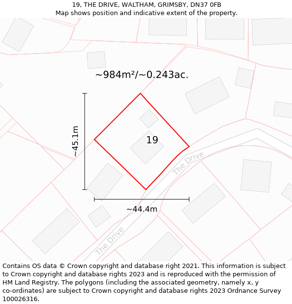 19, THE DRIVE, WALTHAM, GRIMSBY, DN37 0FB: Plot and title map