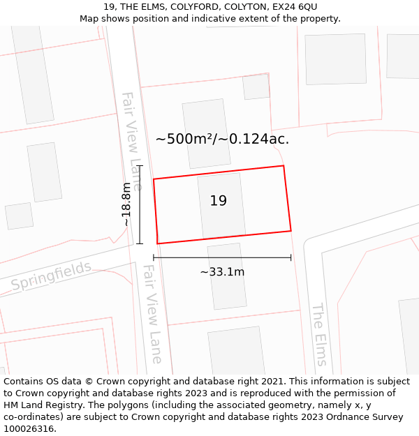 19, THE ELMS, COLYFORD, COLYTON, EX24 6QU: Plot and title map