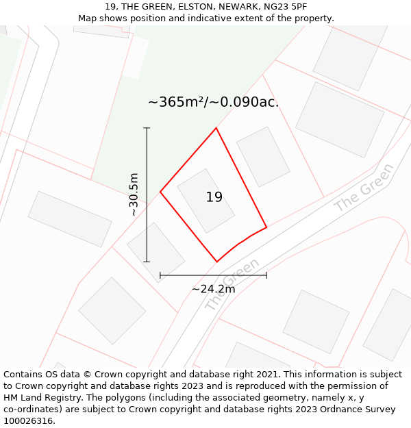 19, THE GREEN, ELSTON, NEWARK, NG23 5PF: Plot and title map