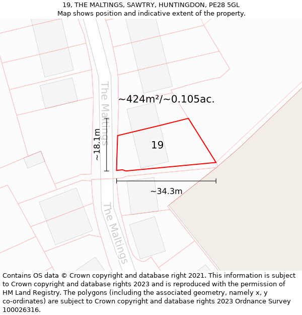 19, THE MALTINGS, SAWTRY, HUNTINGDON, PE28 5GL: Plot and title map