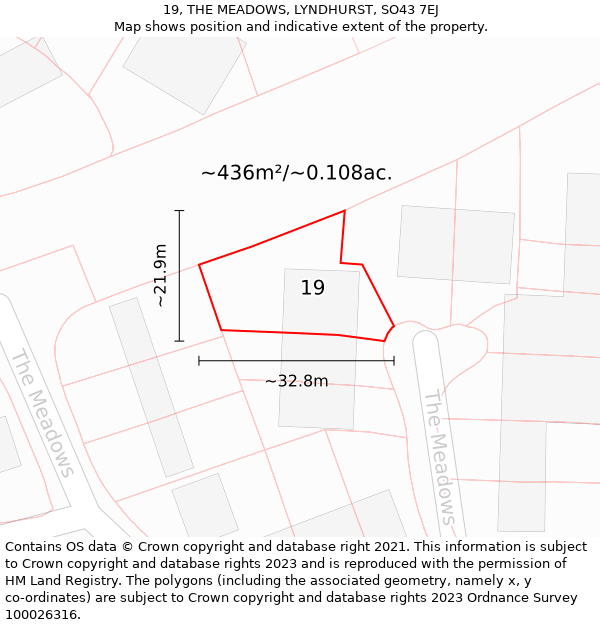 19, THE MEADOWS, LYNDHURST, SO43 7EJ: Plot and title map