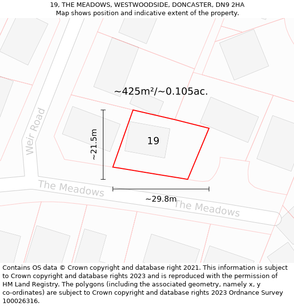 19, THE MEADOWS, WESTWOODSIDE, DONCASTER, DN9 2HA: Plot and title map