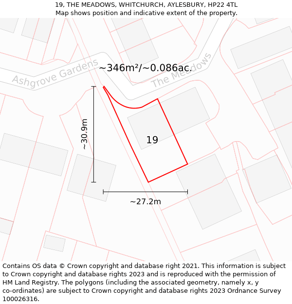 19, THE MEADOWS, WHITCHURCH, AYLESBURY, HP22 4TL: Plot and title map