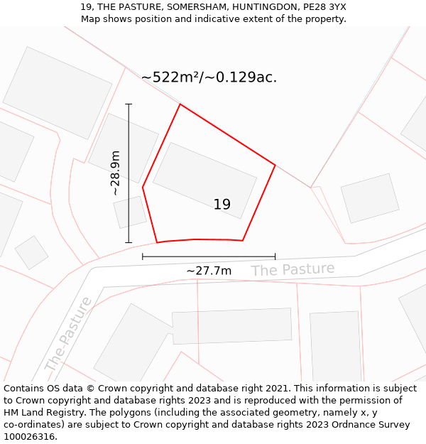 19, THE PASTURE, SOMERSHAM, HUNTINGDON, PE28 3YX: Plot and title map