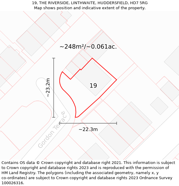 19, THE RIVERSIDE, LINTHWAITE, HUDDERSFIELD, HD7 5RG: Plot and title map