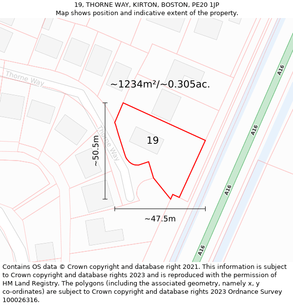 19, THORNE WAY, KIRTON, BOSTON, PE20 1JP: Plot and title map