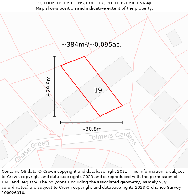 19, TOLMERS GARDENS, CUFFLEY, POTTERS BAR, EN6 4JE: Plot and title map