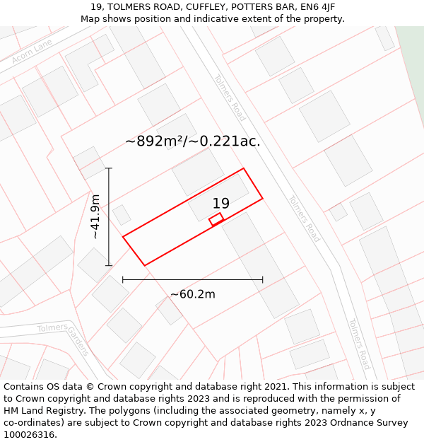 19, TOLMERS ROAD, CUFFLEY, POTTERS BAR, EN6 4JF: Plot and title map