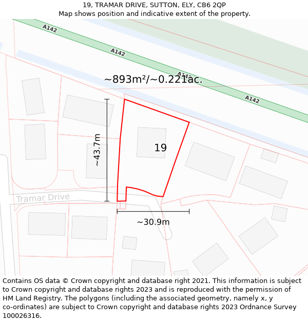 19, TRAMAR DRIVE, SUTTON, ELY, CB6 2QP: Plot and title map