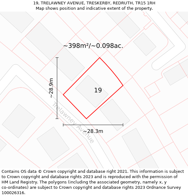 19, TRELAWNEY AVENUE, TRESKERBY, REDRUTH, TR15 1RH: Plot and title map