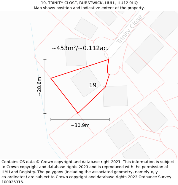 19, TRINITY CLOSE, BURSTWICK, HULL, HU12 9HQ: Plot and title map